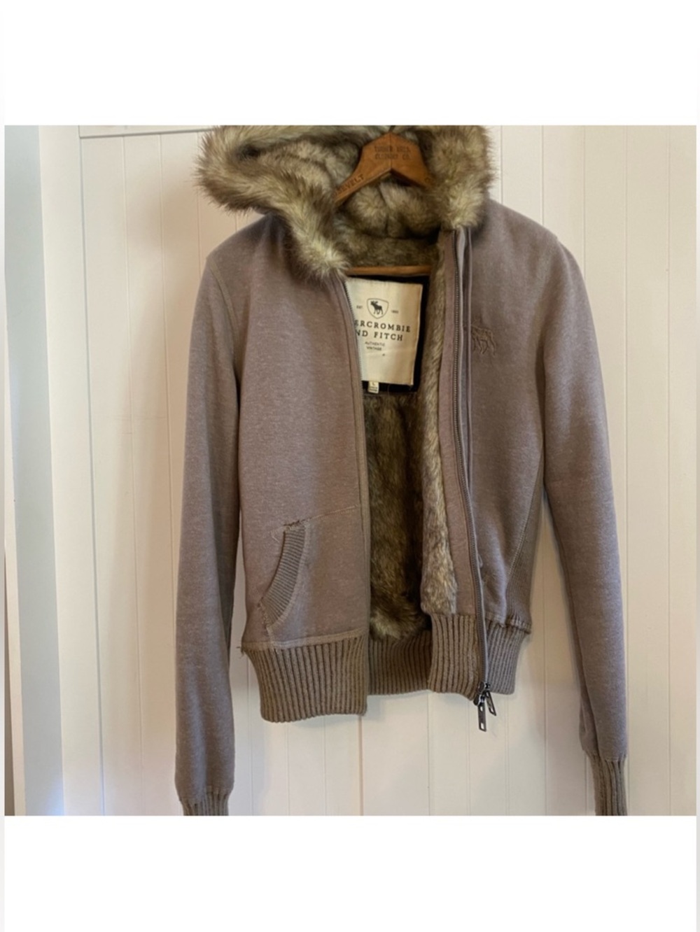 RARE Y2K Tan Abercrombie & Fitch Faux Fur-Lined Jacket Hoodie Fuzzy L